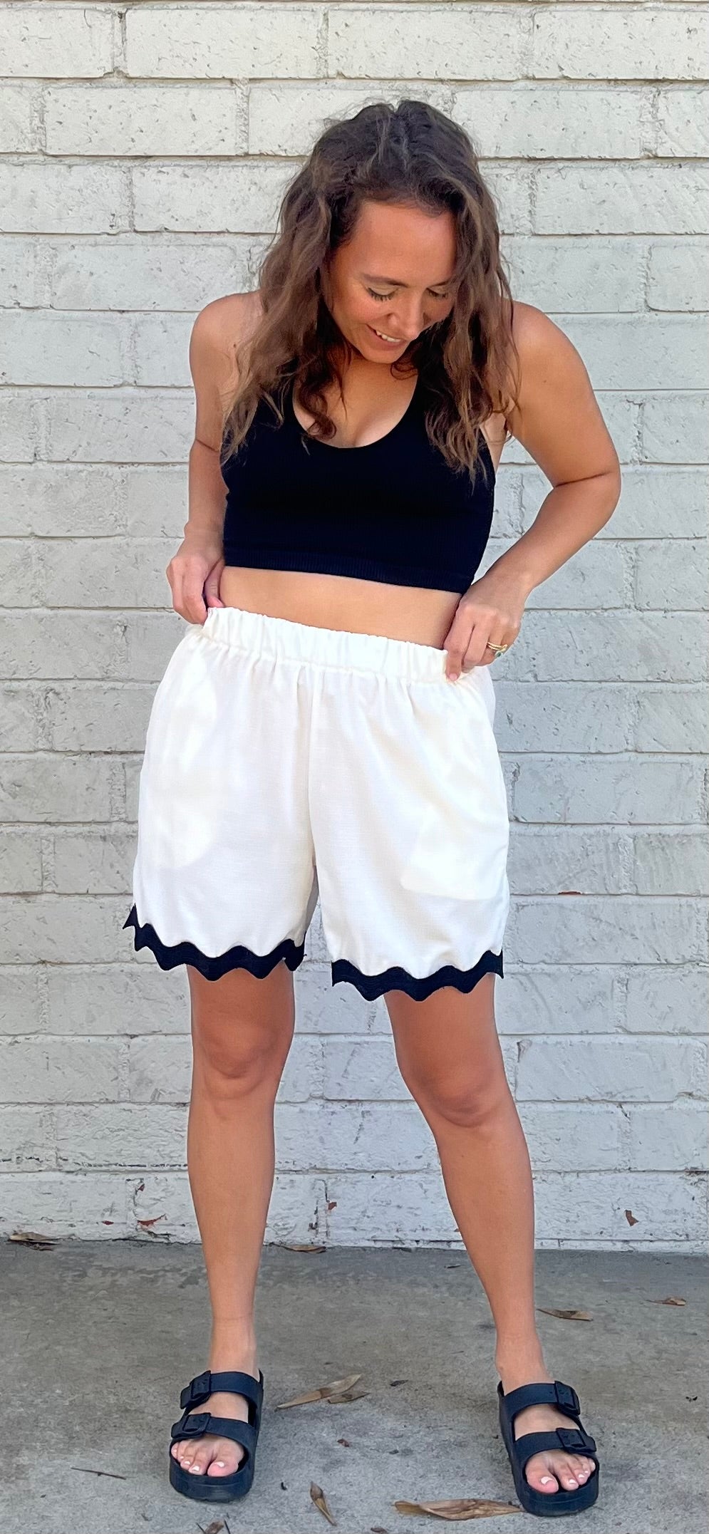 White Short with Black Wave Trim