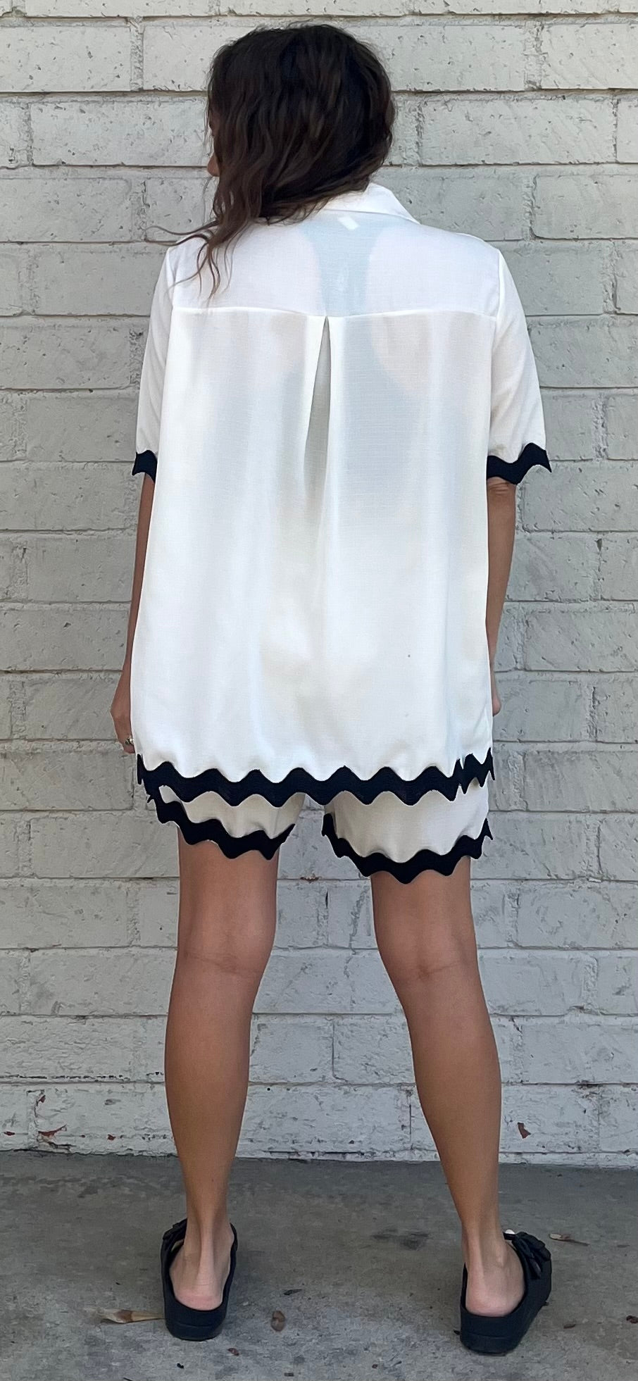 White Button Down with Black Wave Trim